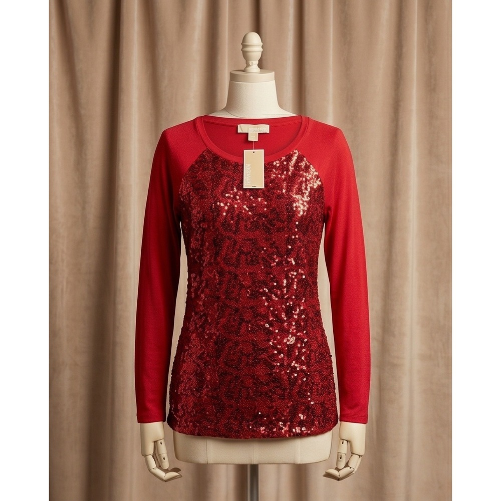 Michael Kors Women Red Long Sleeve Sequin Baseball Tee Top Shirt Size L NWT